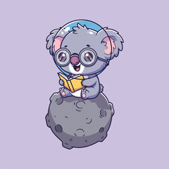 Cute Cartoon Koala Reading Book on Asteroid – Vector Illustration of Whimsical Space Explorer