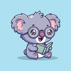 Cute Cartoon Koala Reading Green Book with Glasses – Vector Illustration of Whimsical Educational Character