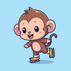 Cute Cartoon Monkey Ice Skating with Big Smile – Vector Illustration of Whimsical Winter Character