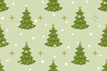 Christmas tree, stars and snow isolated on a green background. Seamless pattern under clipping mask, convenient for editing. Festive background for paper, cover, textile, gift wrap.