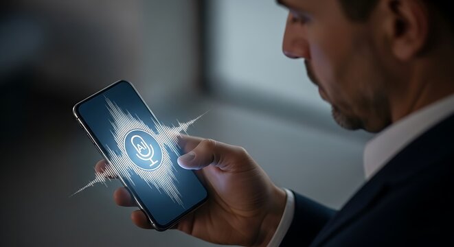 Man using AI voice assistant on smartphone with virtual sound wave interface. Concept of artificial intelligence, speech recognition, smart technology, and hands-free digital interaction