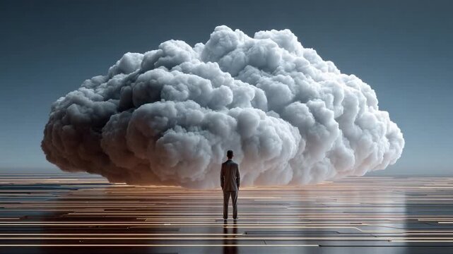 The Thinker and The Cloud: A solitary figure gazes upward, mesmerized by a colossal cloud, reflecting themes of contemplation and the expansive nature of thought.