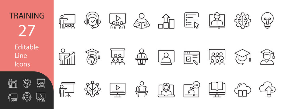 Training and Education line icon set. Contains symbols for e-learning, coaching, online courses, and skill development. Line vector design for business and educational projects. - Powered by Adobe