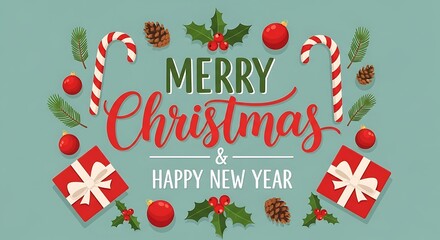 Festive merry christmas and happy new year greeting card with traditional holiday elements like candy canes pine cones holly and gift boxes arranged in a decorative border on a muted green background