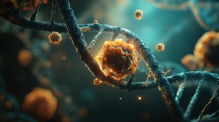 Microscopic View of DNA Structure with Vibrant Cells and Genetic Elements Illuminated in a Scientific Background