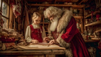 Santa Claus in a fur-trimmed red suit studies plans with a young girl in a cozy, toy-filled workshop.