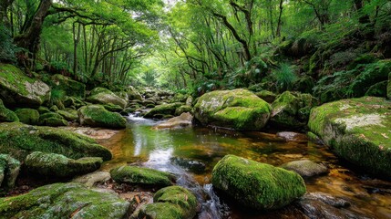 Obraz premium Serene Forest Stream Surrounded by Lush Greenery and Mossy Rocks in a Tranquil Natural Landscape