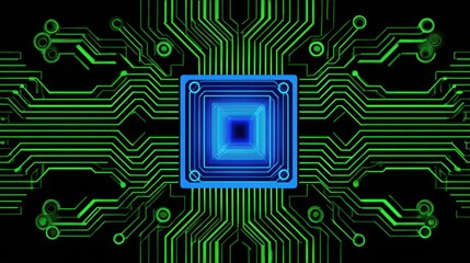 Abstract Digital Circuit Design with Central Microchip and Neon Green Lines on Black Background for Technology Concept