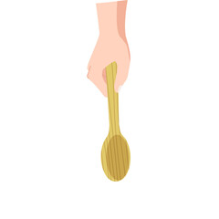 A Human Hand Holding A Wooden Spoon With A Vertical Grip Against A White Background Isolated In A Studio Shot