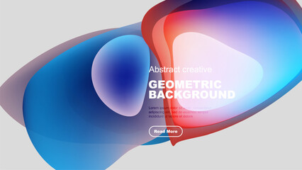 Abstract shapes overlap, creating vibrant color gradients. Text promotes further exploration. Modern design elements present clean aesthetic.