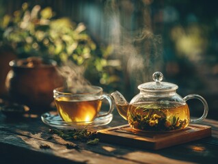 Organic tea set with herbal steam and golden light
