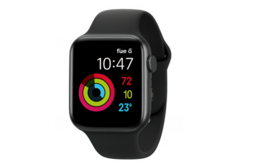 Black smartwatch displaying fitness data on transparent background