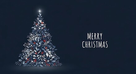 Elegant christmas tree illustration with delicate floral and leaf patterns adorned with subtle ornaments and a glowing star set against a dark navy blue background with merry christmas text