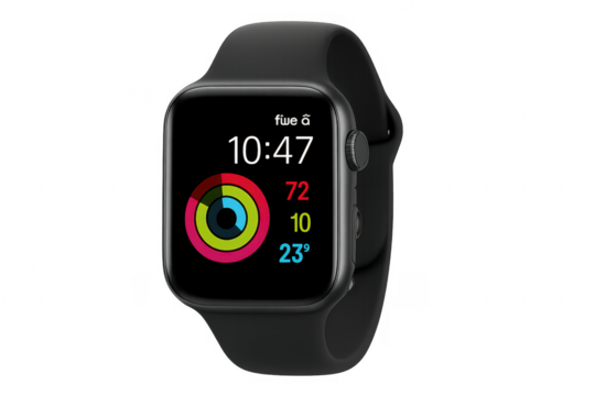 Black smartwatch displaying fitness data on transparent background
