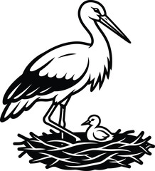 Detailed line art stork family in nest silhouette isolated artistic bird animal wildlife graphic flat design vector illustration isolated on transparent background