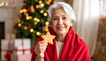 Smiling senior woman in red blanket holds star-shaped cookie by Christmas tree