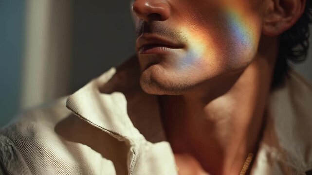 Close-up of a man's jawline and neck with rainbow light on his skin, wearing a light-colored shirt.