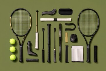 A collection of tennis equipment including rackets, balls, and accessories arranged on a green background