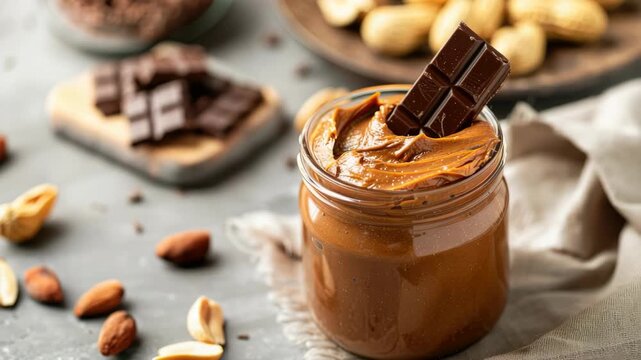 Jar of creamy peanut butter with chocolate pieces surrounded by nuts