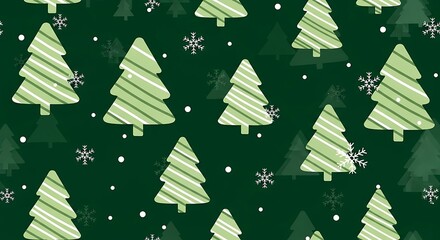 Festive green christmas trees with white stripes and delicate snowflakes scattered across a deep forest green background creating a whimsical and charming holiday pattern perfect for seasonal decorati