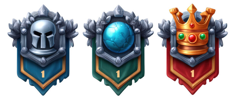 Fototapeta Colorful gaming achievement badges featuring a helmet, globe, and crown on a decorative shield background