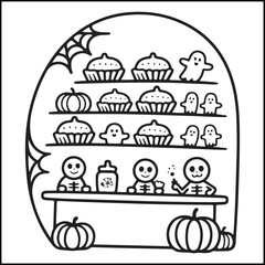 Bold and easy spooky Halloween black and white coloring pages for adults with Halloween-related elements.