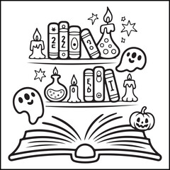 Bold and easy spooky Halloween black and white coloring pages for adults with Halloween-related elements.