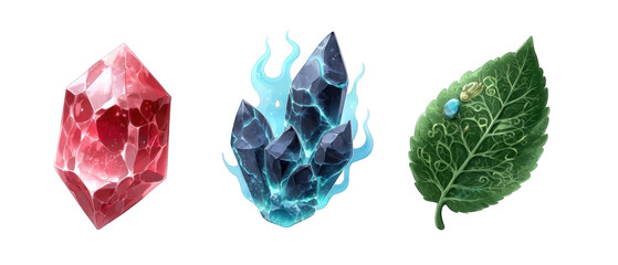 Colorful gemstones and a mystical leaf displaying magical elements in a fantasy setting