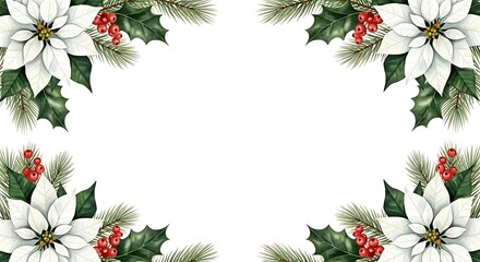 Elegant white poinsettia flowers and festive holly berries create a beautiful floral border perfect for christmas and winter holiday designs with a blank white space for text