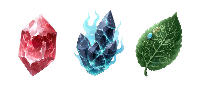 Colorful gemstones and a mystical leaf displaying magical elements in a fantasy setting