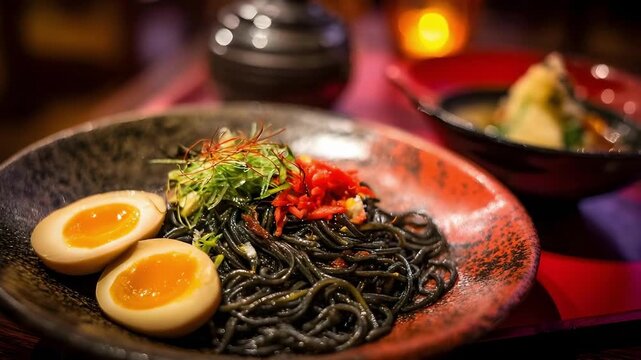 Black squid-ink pasta topped with two soft-boiled egg halves, greens, and a red garnish on a ceramic plate.