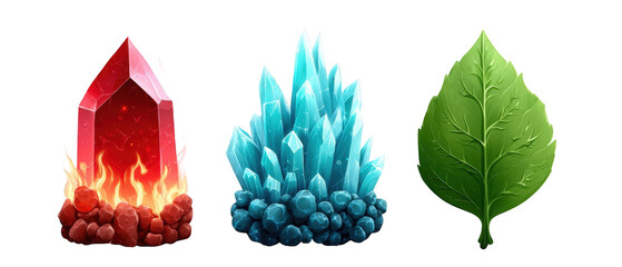 Colorful gemstones and a vibrant green leaf displayed together on a white background