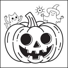 Bold and easy spooky Halloween black and white coloring pages for adults with Halloween-related elements.