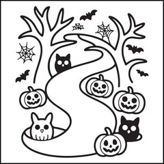 Bold and easy spooky Halloween black and white coloring pages for adults with Halloween-related elements.