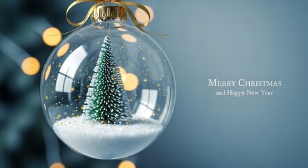 A clear glass christmas ornament containing a miniature evergreen tree and snow sits on a blurred background with warm bokeh lights and a subtle merry christmas greeting