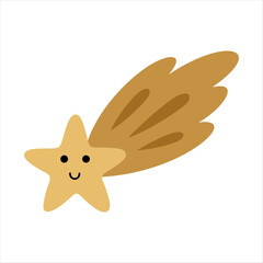 Cute golden star clipart for kids space design. Cartoon comet, celestial character. Cosmic vector illustration.
