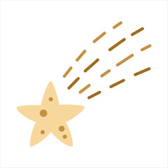 Cute golden star clipart for kids space design. Cartoon comet, celestial object. Cosmic vector illustration.