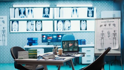 Empty doctor office featuring modern medical equipment and drugs, ready for the next patient consultation. Highlighting advanced diagnostics, healthcare services and patient care management.