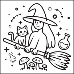 Bold and easy spooky Halloween black and white coloring pages for adults with Halloween-related elements.