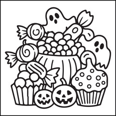 Bold and easy spooky Halloween black and white coloring pages for adults with Halloween-related elements.