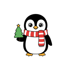 Adorable penguin wearing a winter scarf holding a tiny Christmas tree
