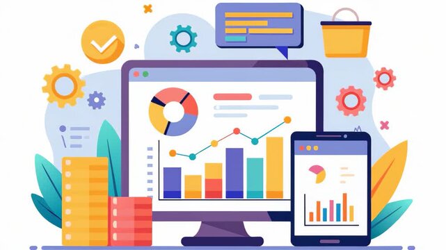 A computer and a phone showing a chart on their screens for big data analysis, bigdata analysis on mobile, Simple and minimalist flat 2d Animation