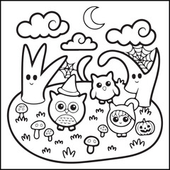 Bold and easy spooky Halloween black and white coloring pages for adults with Halloween-related elements.