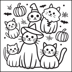 Obraz premium Cat Illustration Icon with Cute Cartoon Kittens, Halloween-Style Pumpkins and Stars, Hand-Drawn Line Art Design for Holiday Greeting Card, Wallpaper