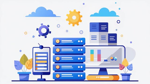 a stack of multiple laptops with a monitor on top of each other, bigdata management hosting website, Simple and minimalist flat 2d Animation