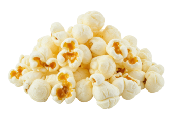 Pile of delicious popcorn isolated on transparent background, salty snack for movie night and entertainment