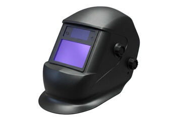 Black welding helmet isolated on transparent background, protective gear for welders and metalworkers