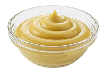 Swirl of yellow mustard in a clear glass bowl isolated, condiment for hot dogs and sandwiches, no...