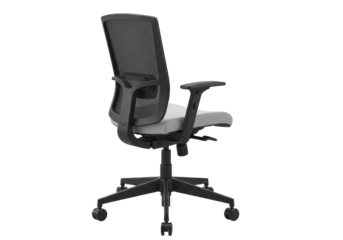 Ergonomic office chair isolated on white, black mesh back and gray seat for comfortable work and posture support PNG