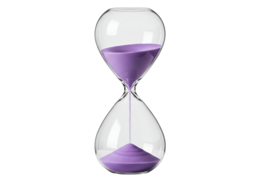 Hourglass with purple sand isolated on transparent background, time measurement tool for deadlines and countdowns